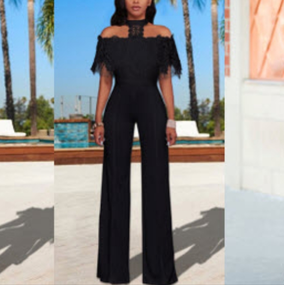 Lace T Neck on OR off the shoulder wide leg jumpsuit